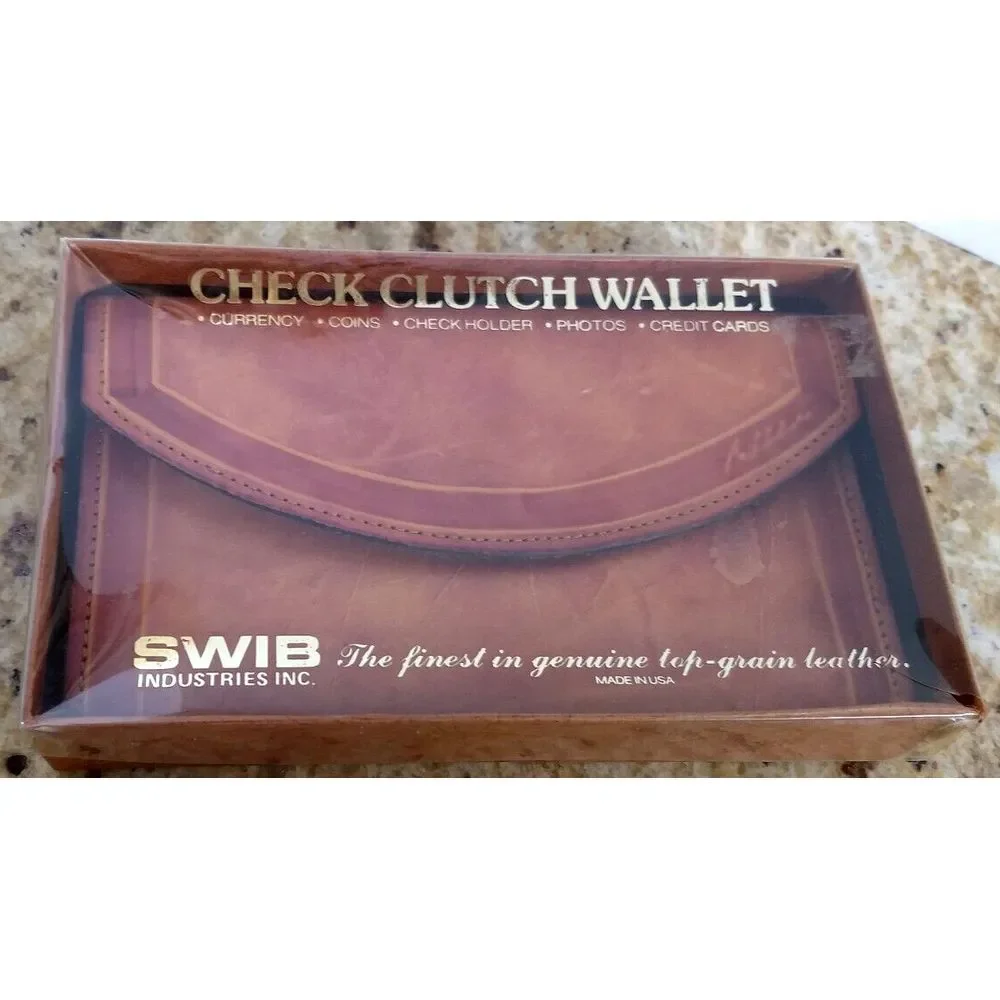 SWIB Top Grain Leather Check Book Wallet Clutch Rustic Snap Close USA Vintage‎